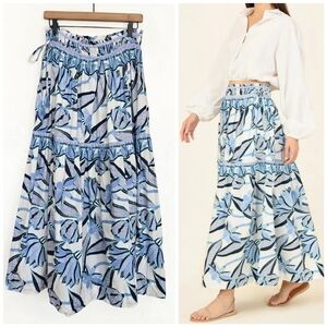 Omika Floral White Blue Boho Rosalita Maxi Skirt, S